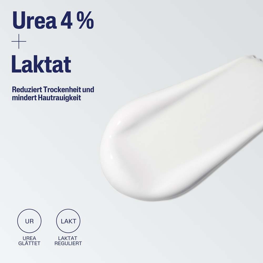 Lotion auf Haut. Text: Urea 4% + Laktat. Reduziert Trockenheit und mindert Hautrauhigkeit.