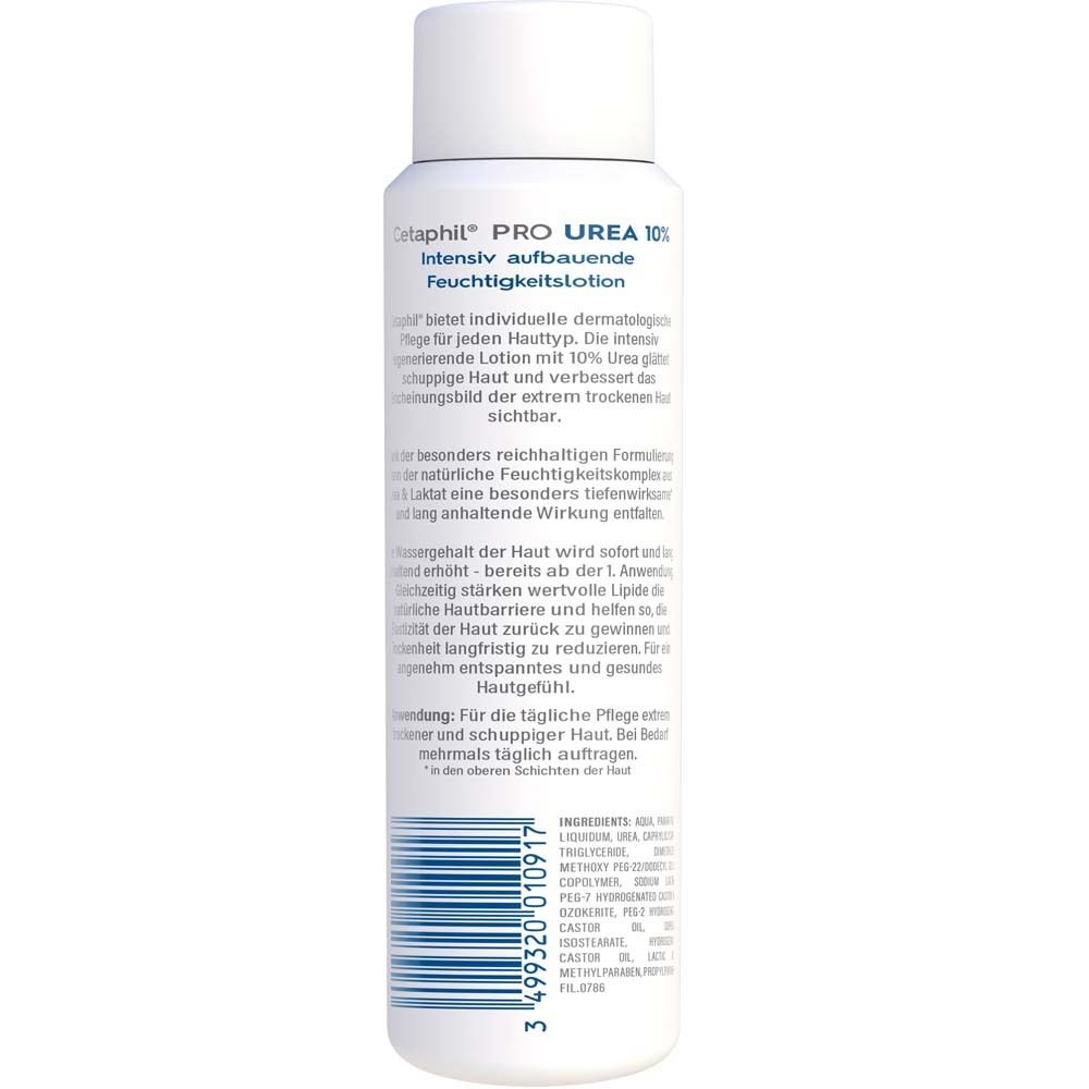 Rückseite der Cetaphil PRO Urea 10% Lotion. Text und Inhaltsstoffe.
