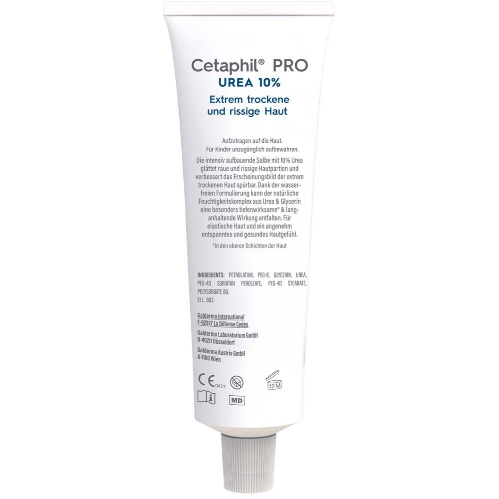 Rückseite der Tube. Cetaphil Pro Urea 10% Intensiv-Fußsalbe. Inhaltsstoffe und weitere Informationen.