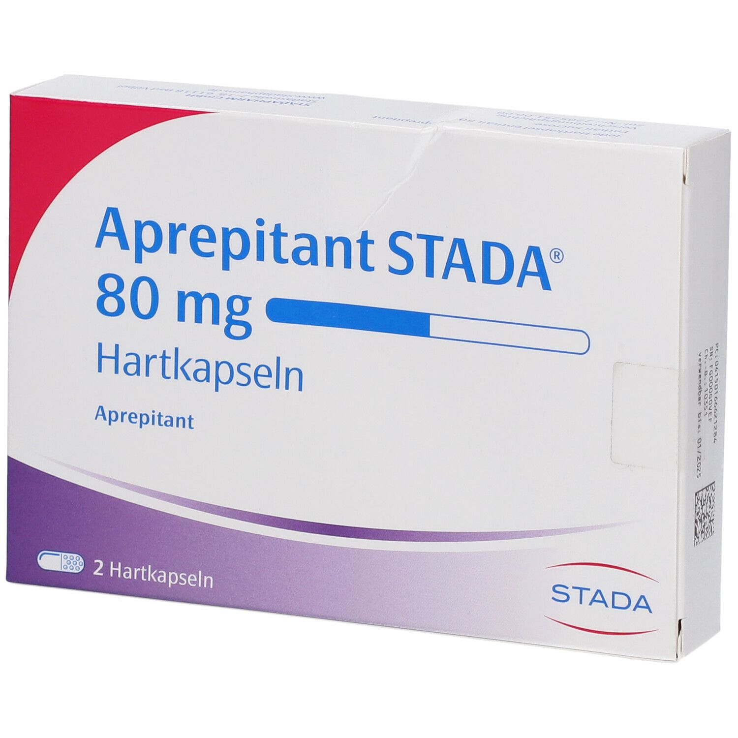 Schachtel mit Aprepitant STADA 80 mg Hartkapseln. Aufschrift: 2 Hartkapseln. Logo STADA.