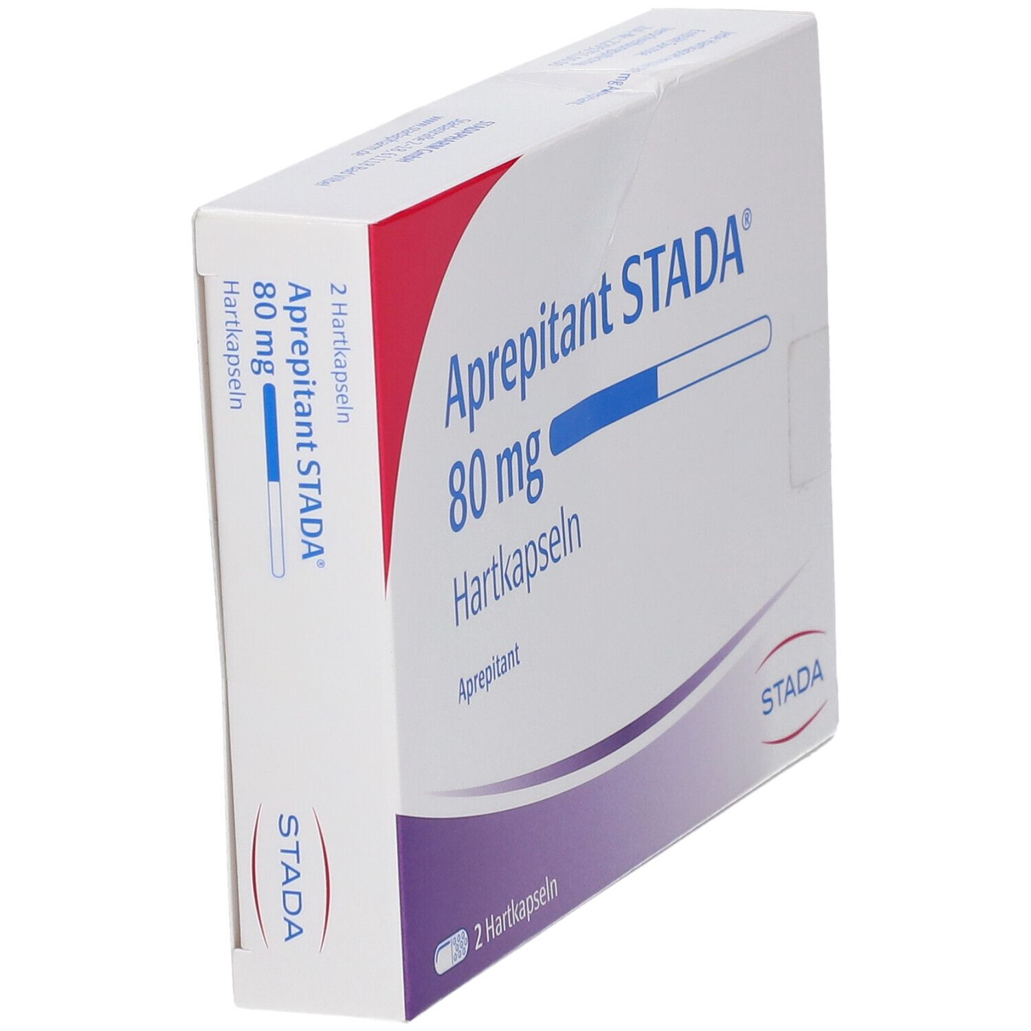 Schachtel mit Aprepitant STADA 80 mg Hartkapseln. Aufschrift: 2 Hartkapseln. Logo STADA.