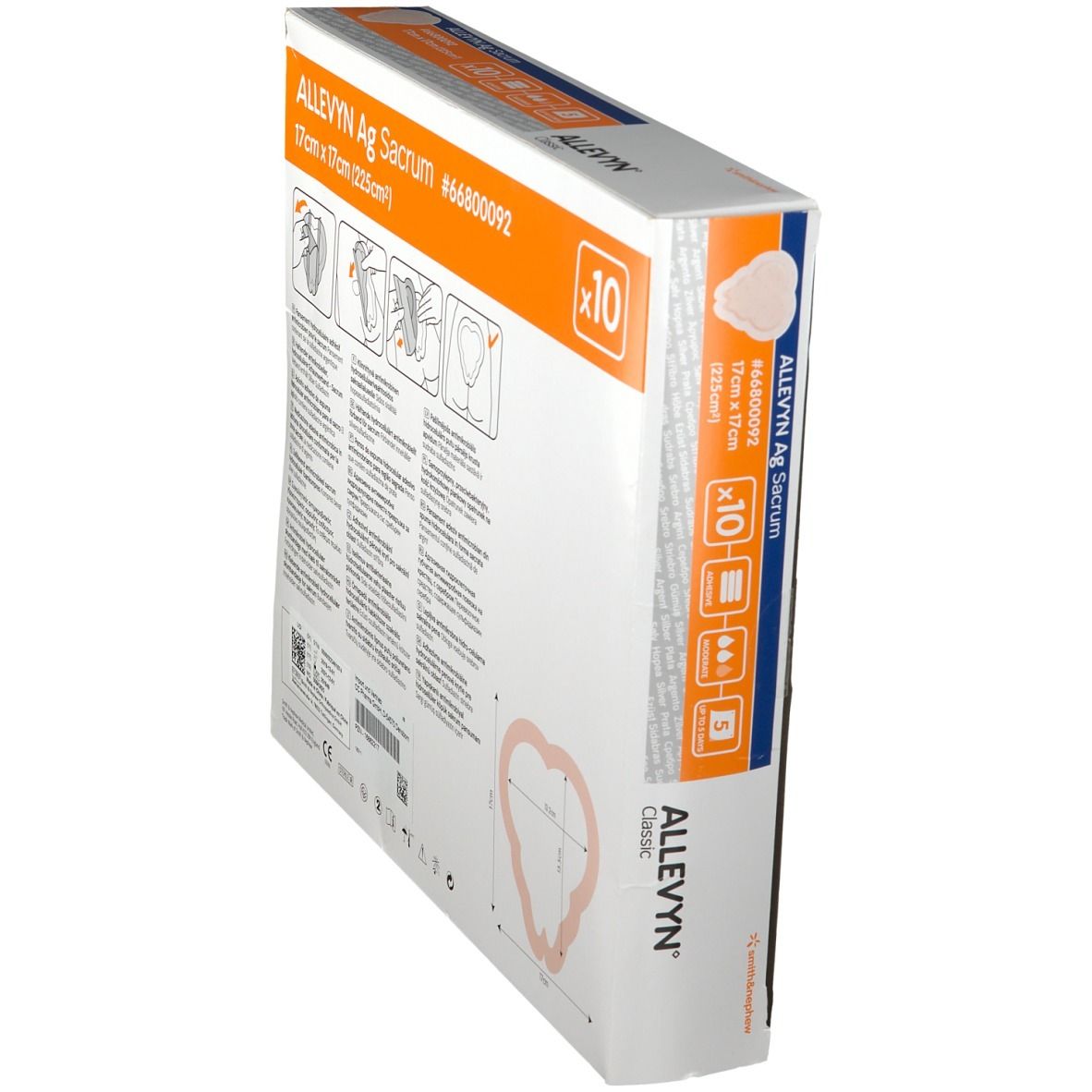 Schrägansicht der ALLEVYN Ag Sacrum Verpackung. Produktinformationen und Logo sichtbar.