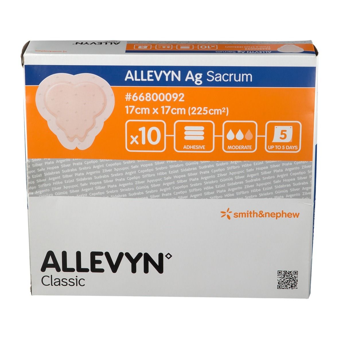ALLEVYN Ag Sacrum Verpackung, 17x17 cm, 10 Stück. Produktinformationen und Logo.