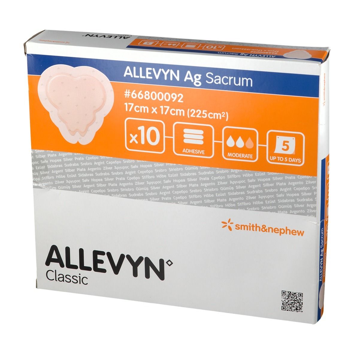 ALLEVYN Ag Sacrum Verpackung, 17x17 cm, 10 Stück. Produktinformationen und Logo.