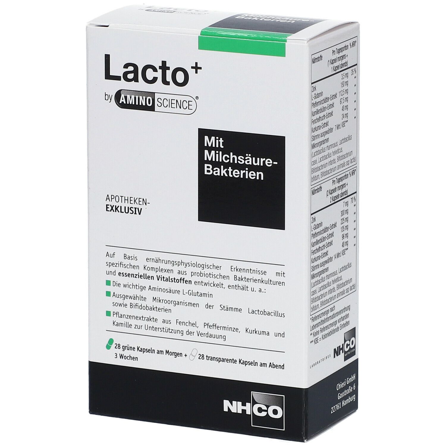Karton Lacto+ von Aminoscience. Enthält grüne Kapseln für morgens und transparente Kapseln für abends. Apothekenexklusiv.