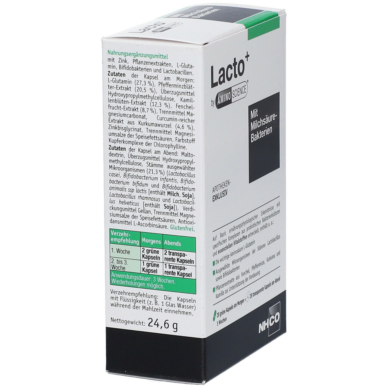 Karton Lacto+ von Aminoscience. Enthält Zutatenliste, Dosierungsempfehlung und Nettogewicht von 24,6 g. Apothekenexklusiv.
