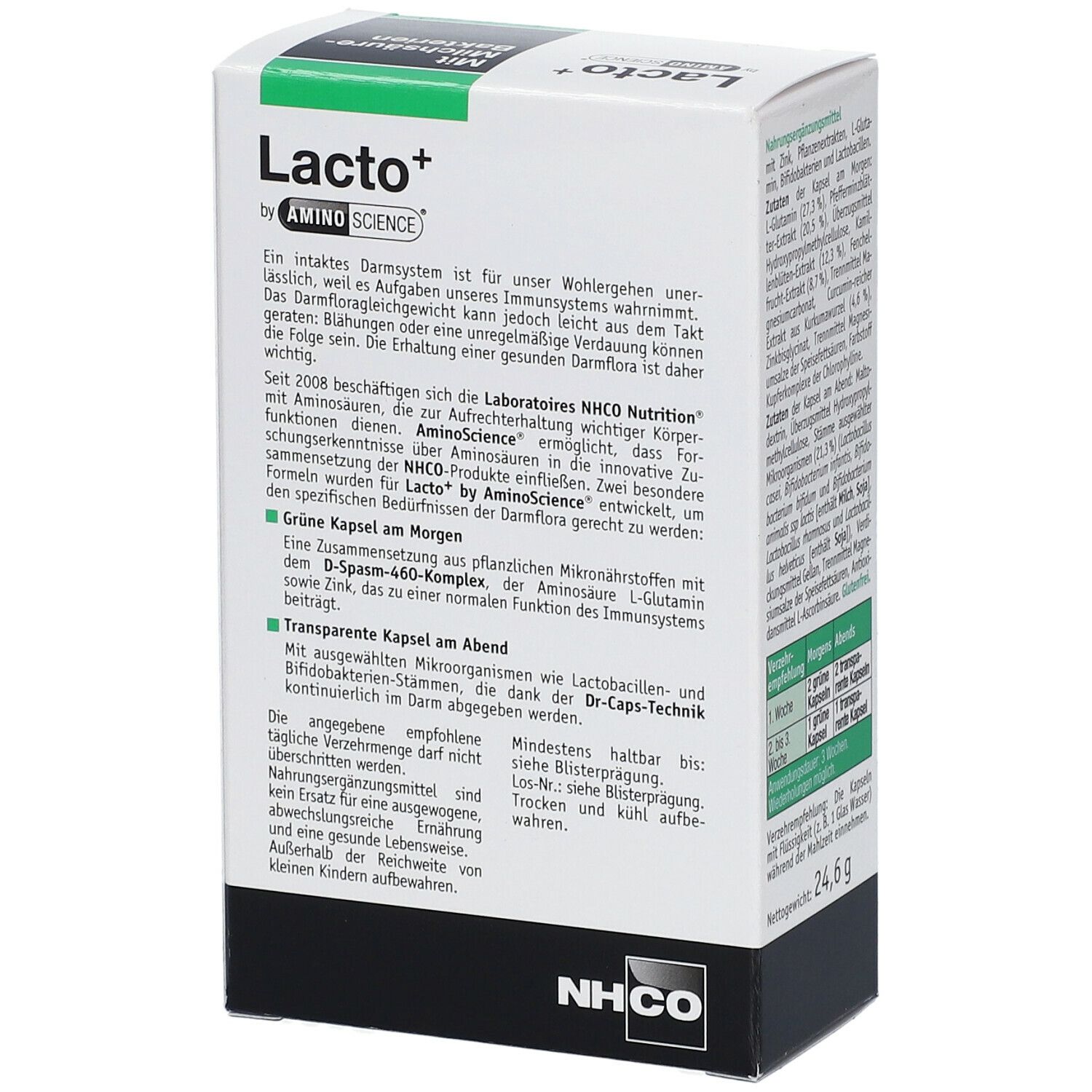 Karton Lacto+ von Aminoscience. Text über die Darmflora und die Wirkung des Produkts. Apothekenexklusiv.