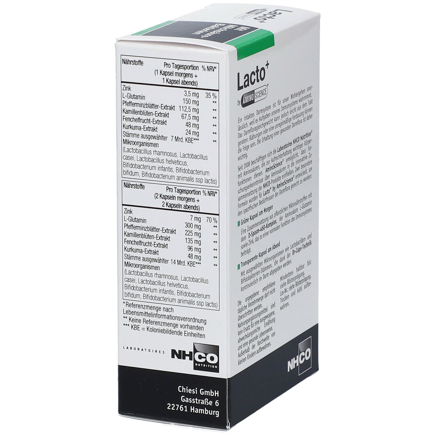 Karton Lacto+ von Aminoscience. Enthält Nährstoffinformationen pro Tagesdosis. Mit Logo von NHCO. Apothekenexklusiv.