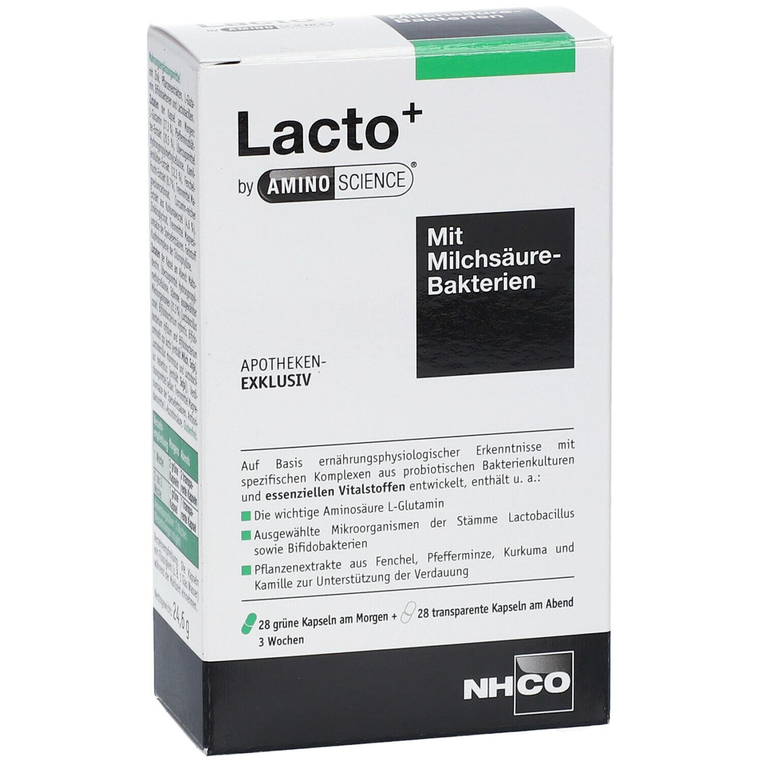 Karton Lacto+ von Aminoscience. Enthält grüne Kapseln für morgens und transparente Kapseln für abends. Apothekenexklusiv.