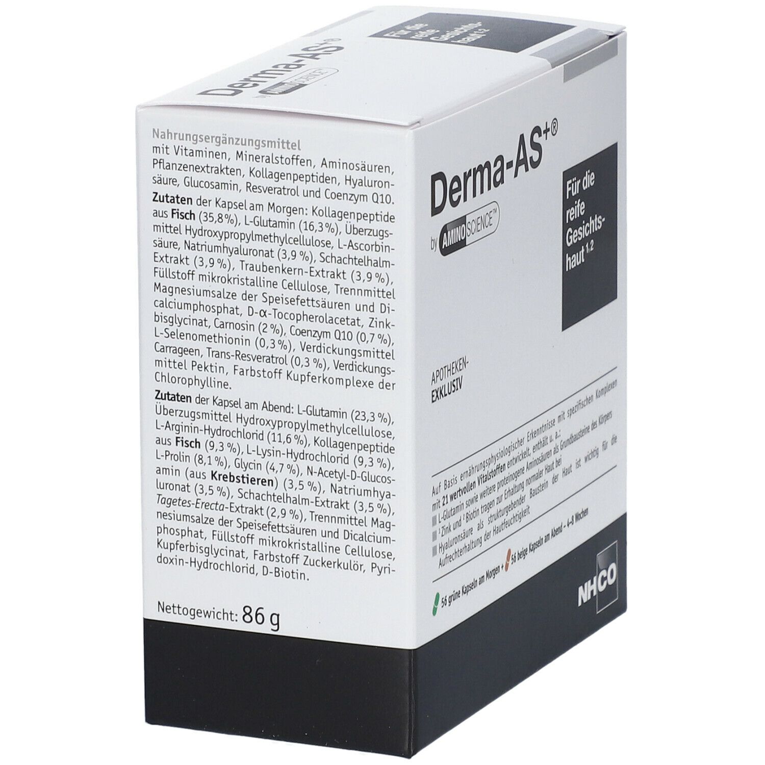 Weißer Karton mit Produktinformationen und Zutatenliste. Aufschrift: Derma-AS+ von Aminoscience® NHCO. Apothekenexklusiv. Nettogewicht: 86 g.