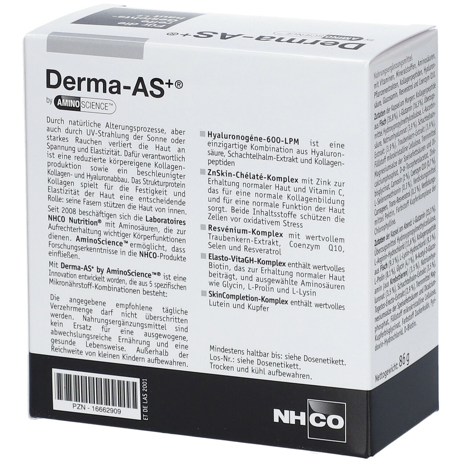 Weißer Karton mit Produktinformationen. Aufschrift: Derma-AS+ von Aminoscience®. Text über die Wirkung auf die Haut. Mit Logo NHCO.