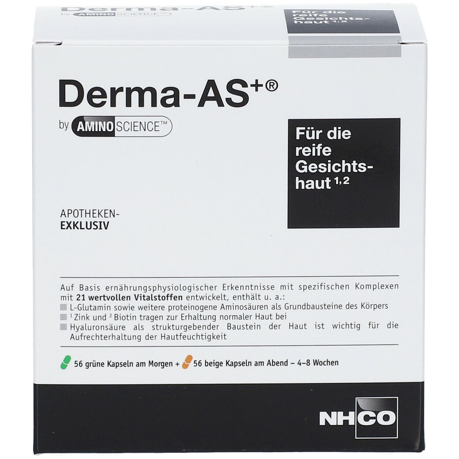 Weißer Karton mit Produktinformationen. Aufschrift: Derma-AS+ von Aminoscience®. Enthält 56 grüne und 56 beige Kapseln. Mit Logo NHCO.