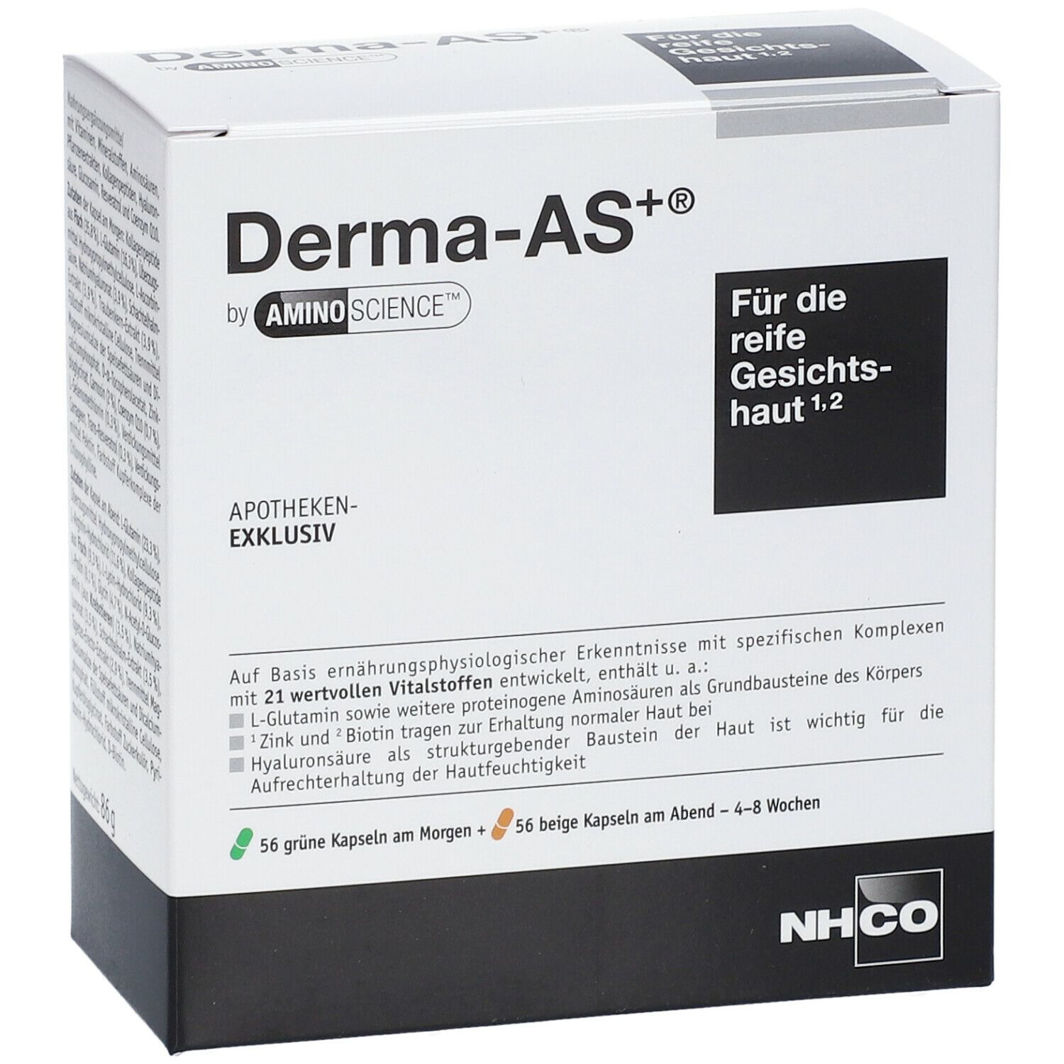 Weißer Karton mit Produktinformationen. Aufschrift: Derma-AS+ von Aminoscience®. Enthält 56 grüne und 56 beige Kapseln. Mit Logo NHCO.