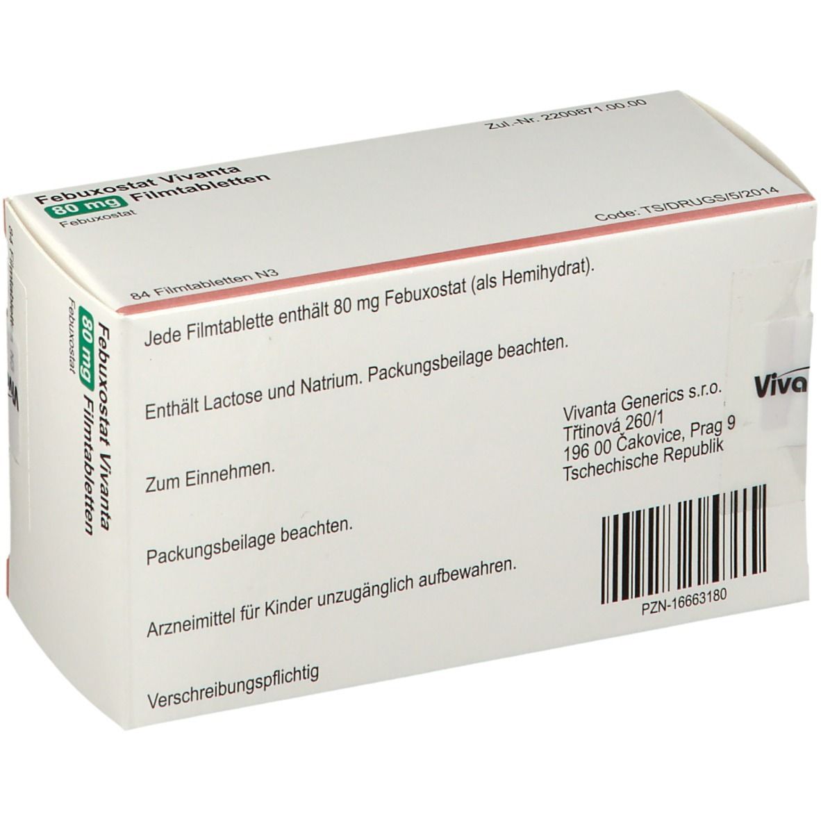Rückseite der Schachtel Febuxostat Vivanta 80 mg. Textinformationen. Vivanta Generics-Logo. Barcode.