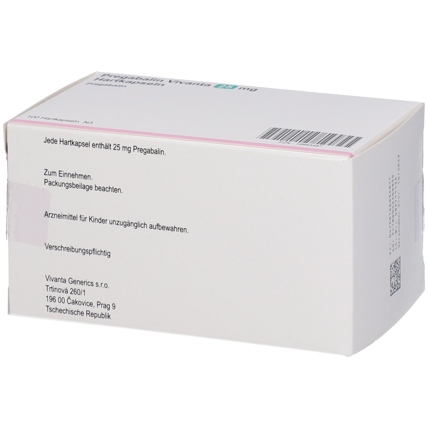 Rückseite der Verpackung Pregabalin Vivanta 25 mg Hartkapseln. Textinformationen. Weiß mit rosa Akzenten.