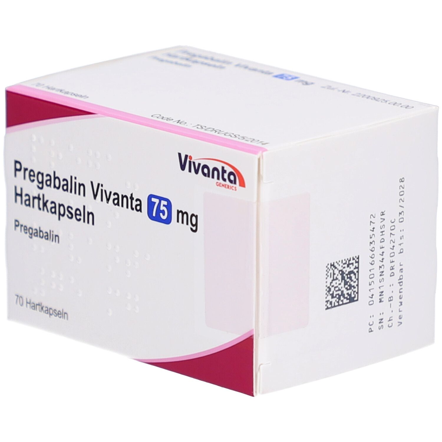 Weiße Medikamentenbox mit Aufschrift Pregabalin Vivanta 75 mg Hartkapseln. Vivanta-Logo. 70 Hartkapseln.