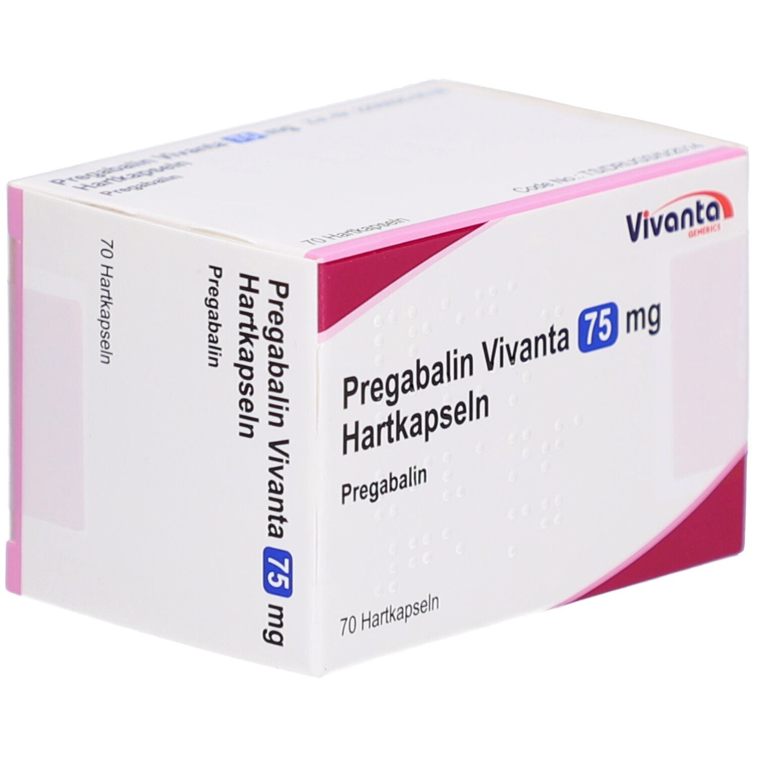 Medikamentenbox mit Aufschrift Pregabalin Vivanta 75 mg Hartkapseln. Vivanta-Logo. 70 Hartkapseln.