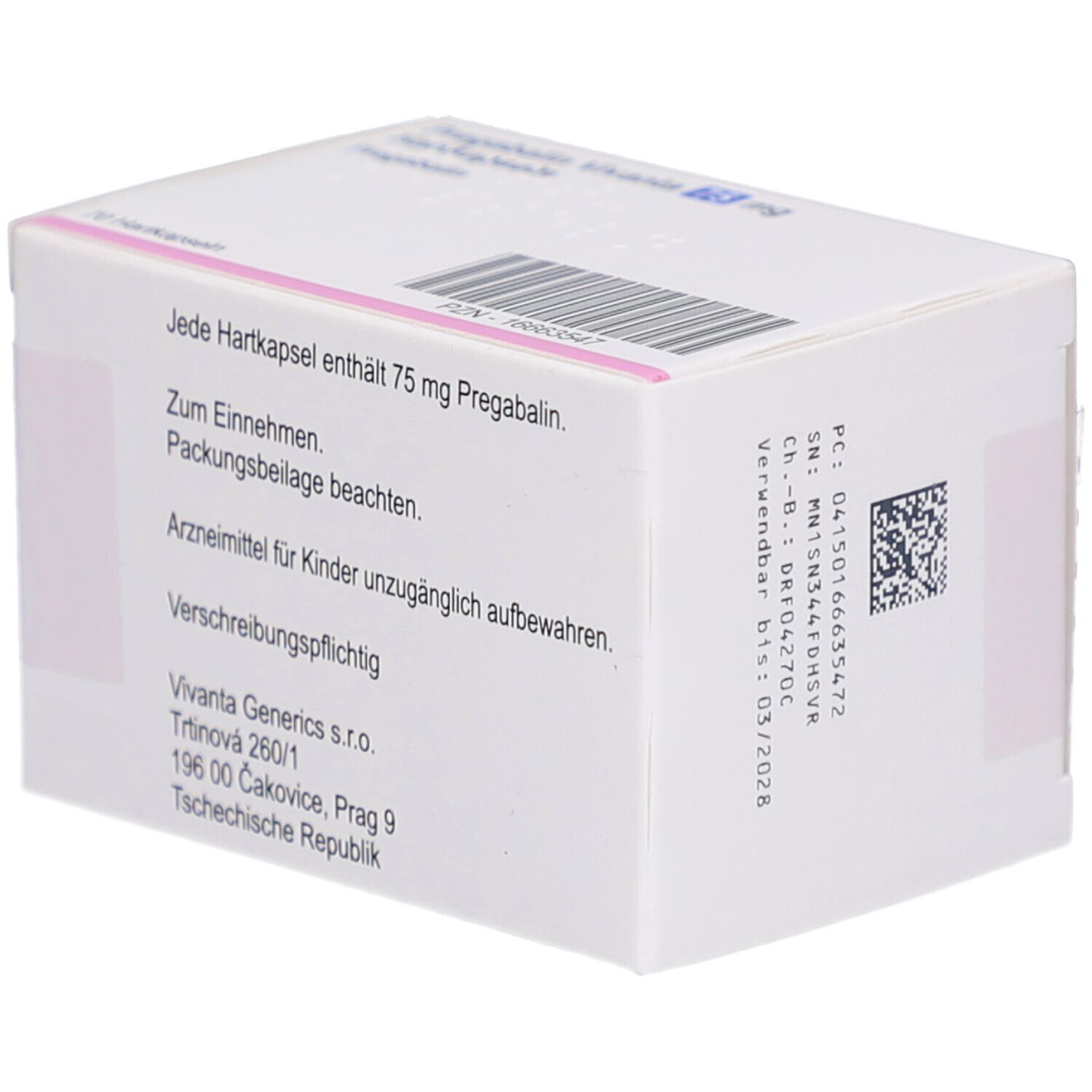 Weiße Medikamentenbox mit Text. Enthält 75 mg Pregabalin. Vivanta Generics s.r.o. Adresse. QR-Code.