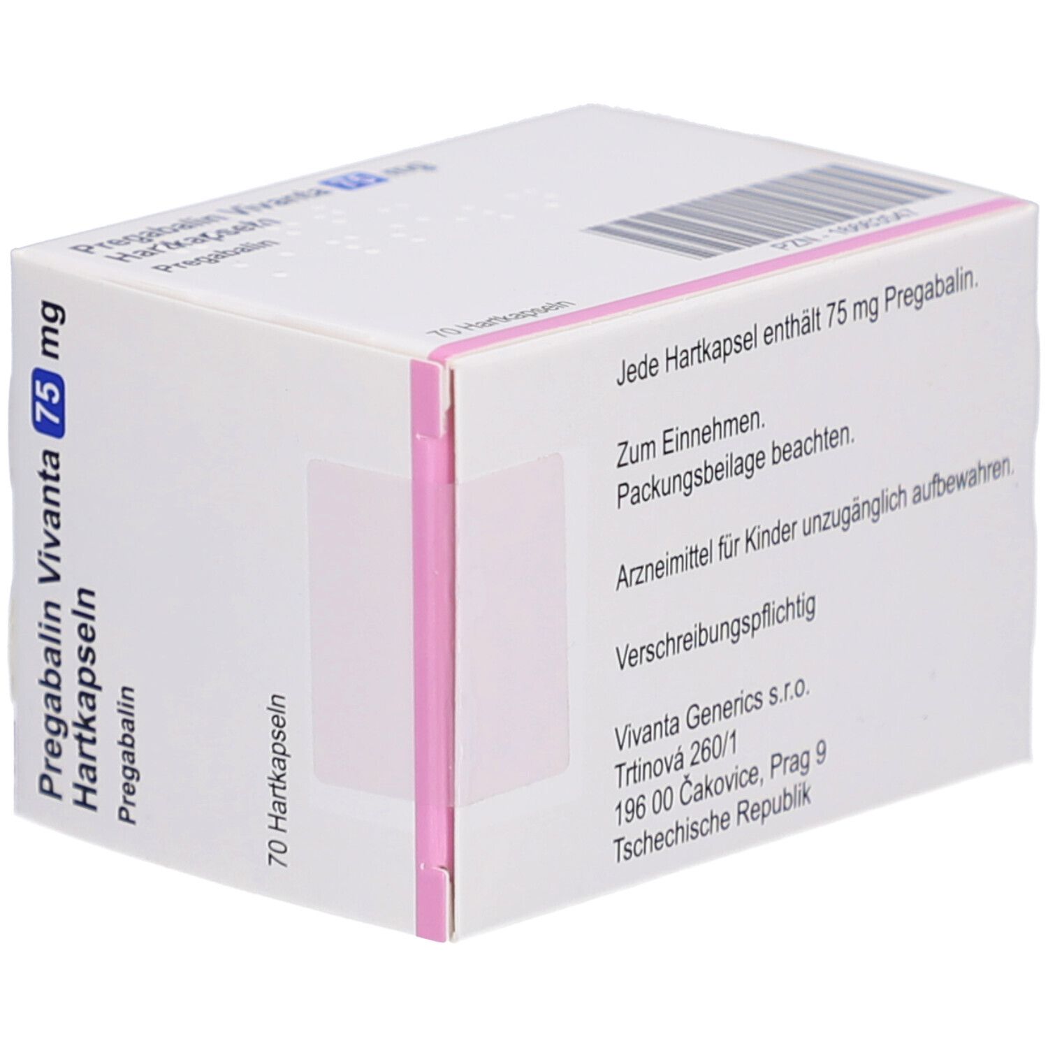 Weiße Medikamentenbox mit Text. Enthält 75 mg Pregabalin. Vivanta Generics s.r.o. Adresse.