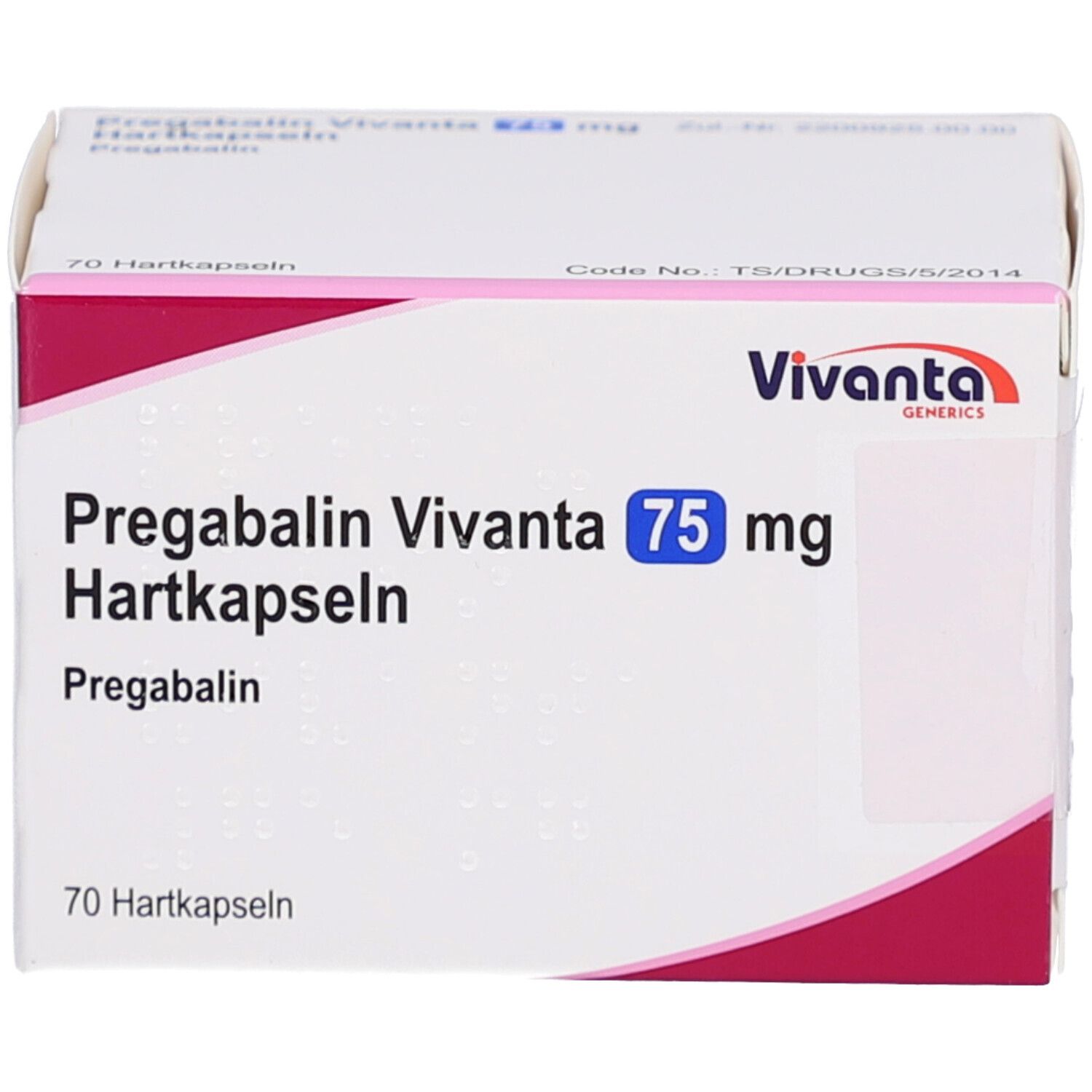 Medikamentenbox mit Aufschrift Pregabalin Vivanta 75 mg Hartkapseln. Vivanta-Logo. 70 Hartkapseln.
