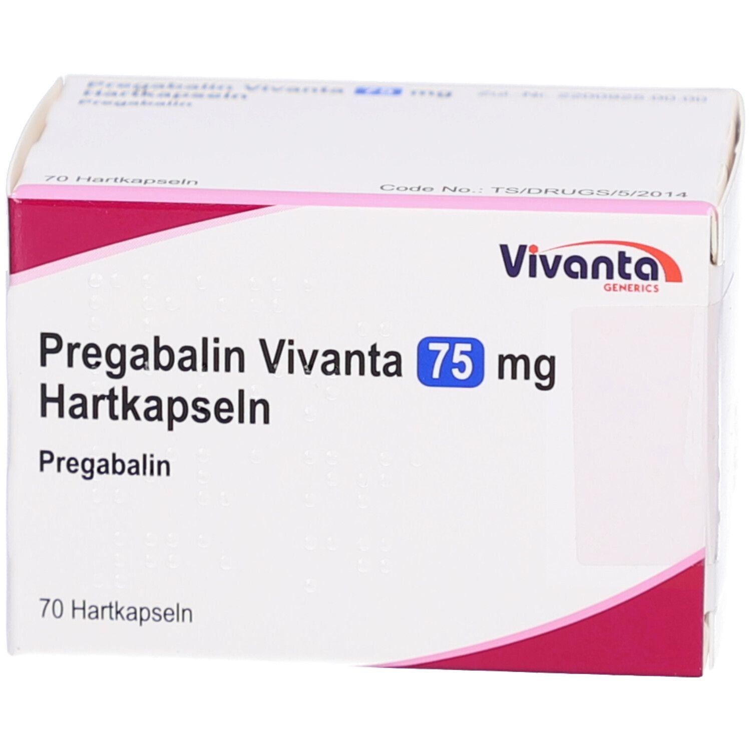 Medikamentenbox mit Aufschrift Pregabalin Vivanta 75 mg Hartkapseln. Vivanta-Logo. 70 Hartkapseln.