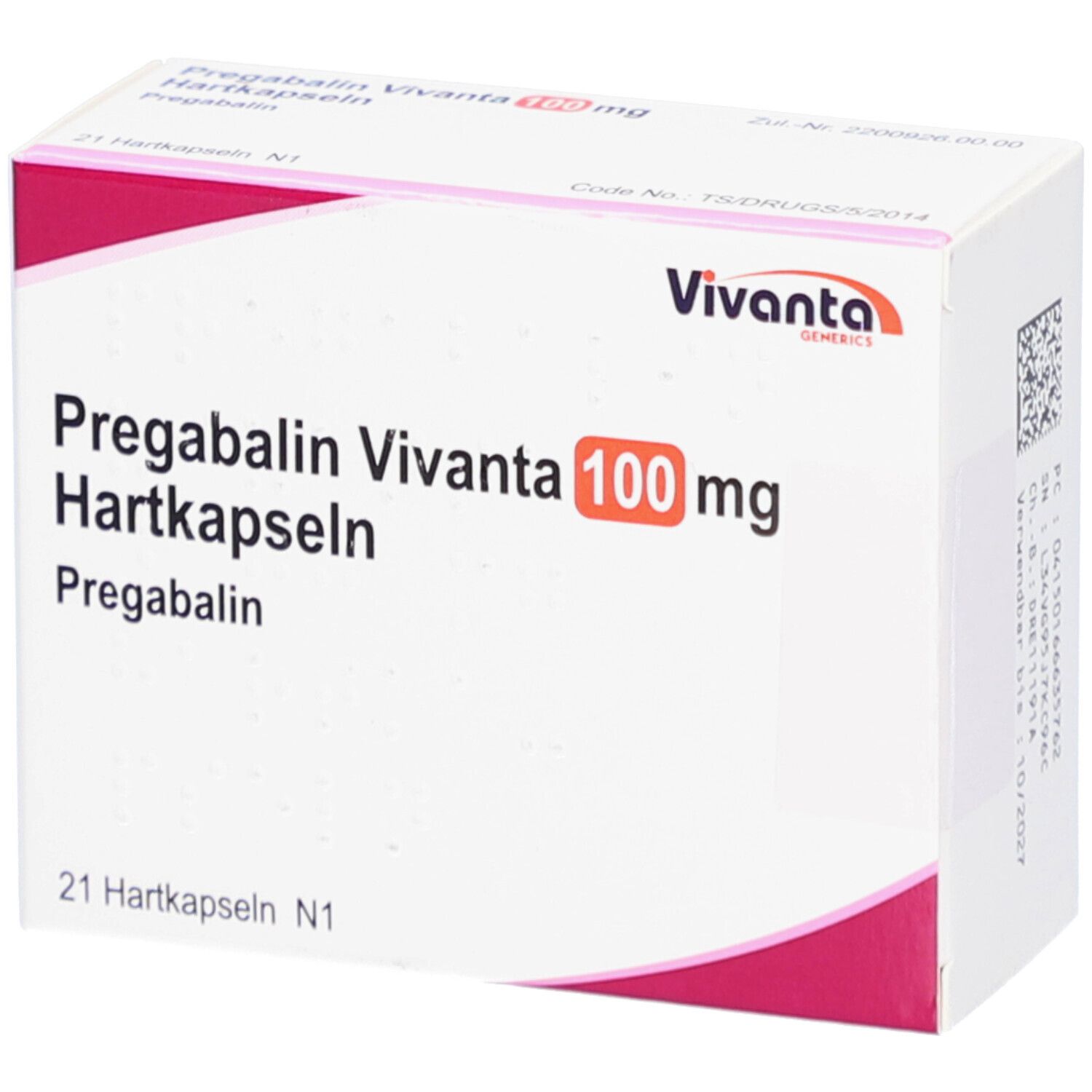 Weißer Karton mit rosa Akzenten. Aufschrift: Pregabalin Vivanta 100 mg Hartkapseln. 21 Hartkapseln. Vivanta-Logo.