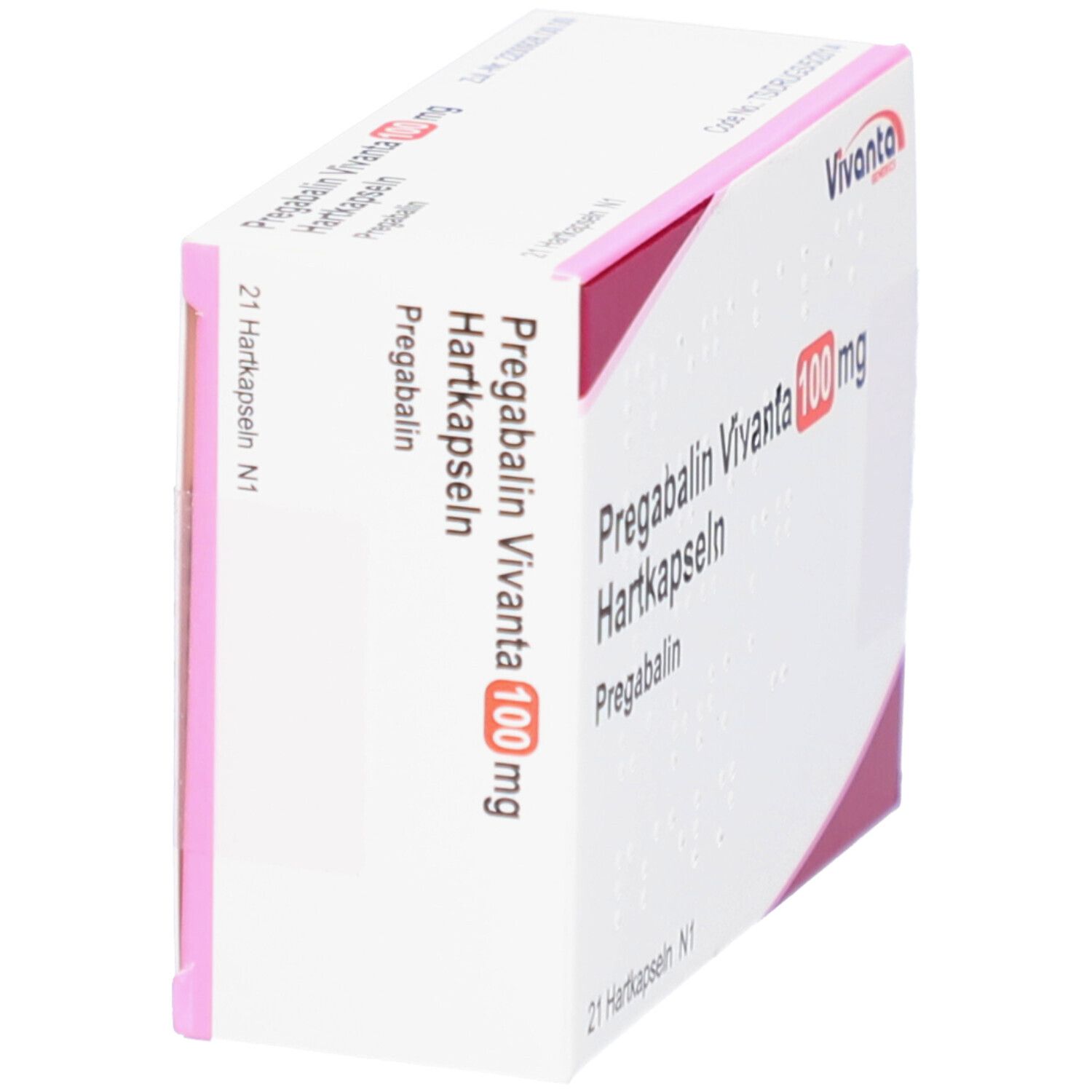 Schräg gestellter weißer Karton mit rosa Akzenten. Aufschrift: Pregabalin Vivanta 100 mg Hartkapseln. Vivanta-Logo.