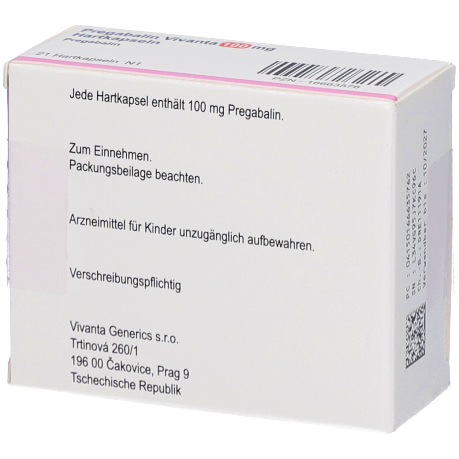 Rückseite eines weißen Kartons mit rosa Akzenten. Text: Enthält 100 mg Pregabalin. Hinweise zur Einnahme. Vivanta Generics s.r.o.