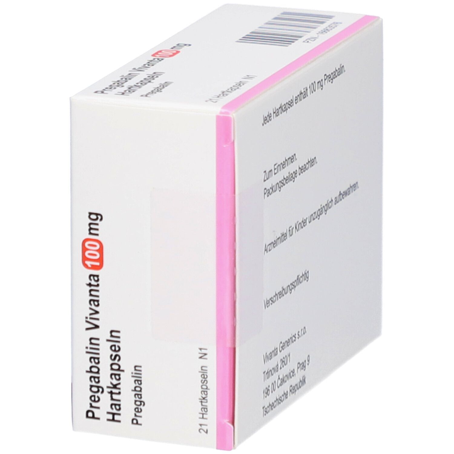 Schräg gestellter weißer Karton mit rosa Akzenten. Aufschrift: Pregabalin Vivanta 100 mg Hartkapseln. Rückseite mit Text.