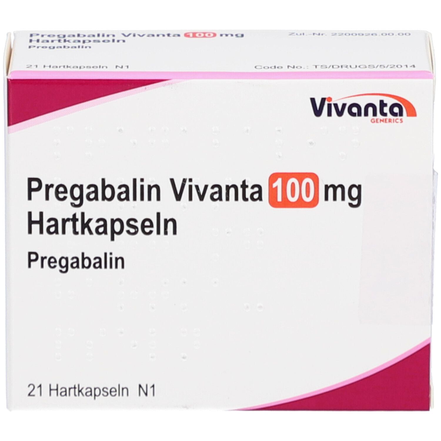 Weißer Karton mit rosa Akzenten. Aufschrift: Pregabalin Vivanta 100 mg Hartkapseln. 21 Hartkapseln. Vivanta-Logo.