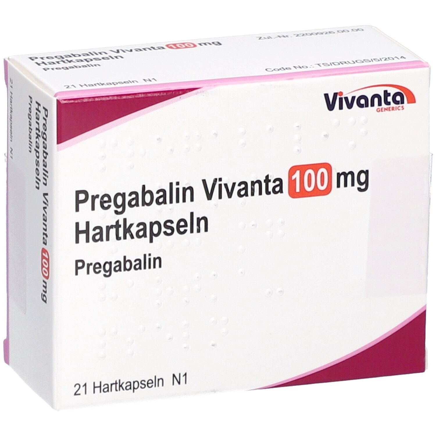 Weißer Karton mit rosa Akzenten. Aufschrift: Pregabalin Vivanta 100 mg Hartkapseln. 21 Hartkapseln. Vivanta-Logo.