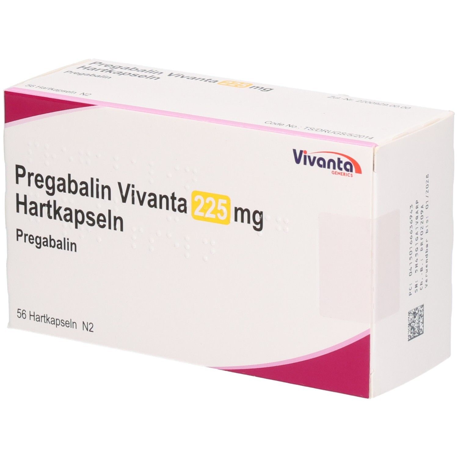 Weißer Karton mit Aufschrift Pregabalin Vivanta 225 mg Hartkapseln. Vivanta-Logo. 56 Hartkapseln.