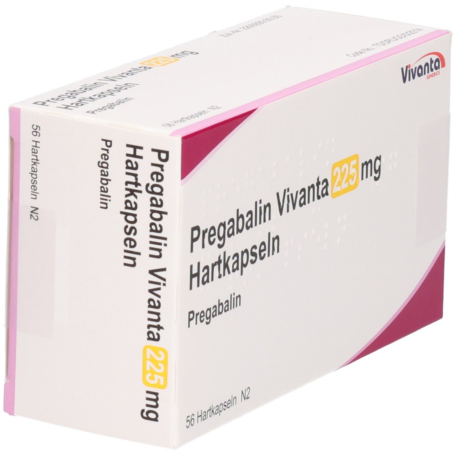 Karton Pregabalin Vivanta 225 mg Hartkapseln. Vivanta-Logo. 56 Hartkapseln. Ansicht schräg von vorne.