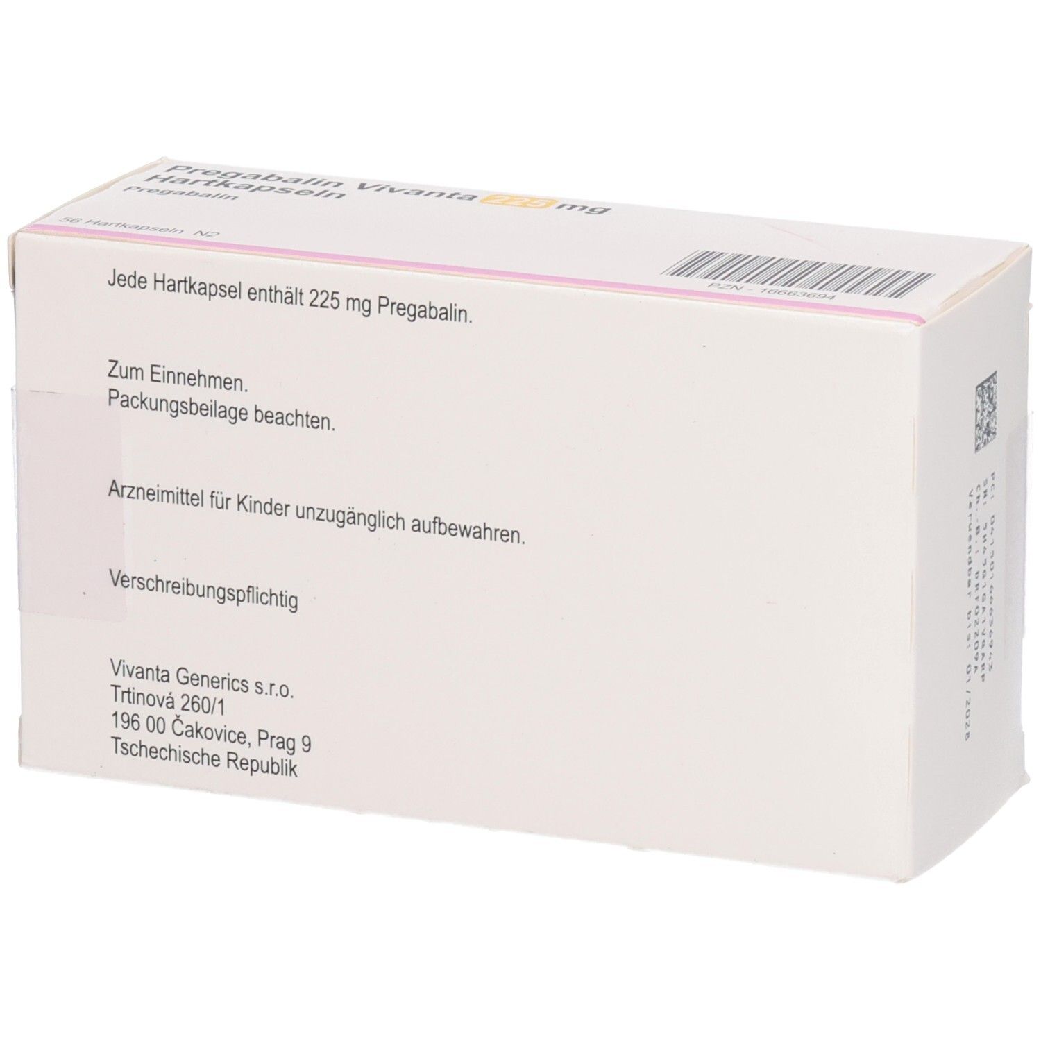 Rückseite der Verpackung Pregabalin Vivanta 225 mg Hartkapseln. Textinformationen und Adresse.