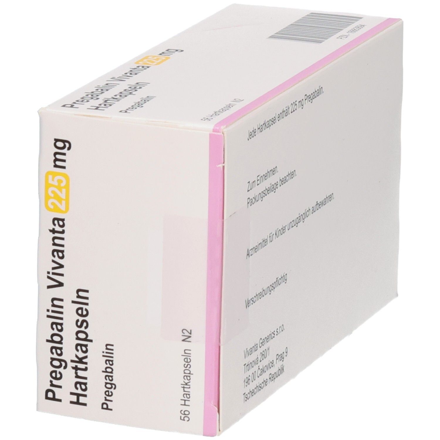 Karton Pregabalin Vivanta 225 mg Hartkapseln. Vivanta-Logo. 56 Hartkapseln. Ansicht schräg.