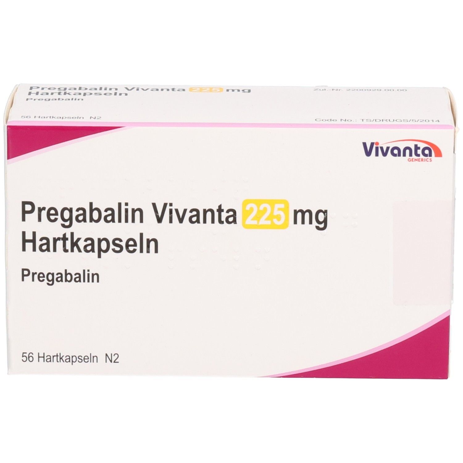 Weißer Karton mit Aufschrift Pregabalin Vivanta 225 mg Hartkapseln. Vivanta-Logo. 56 Hartkapseln.