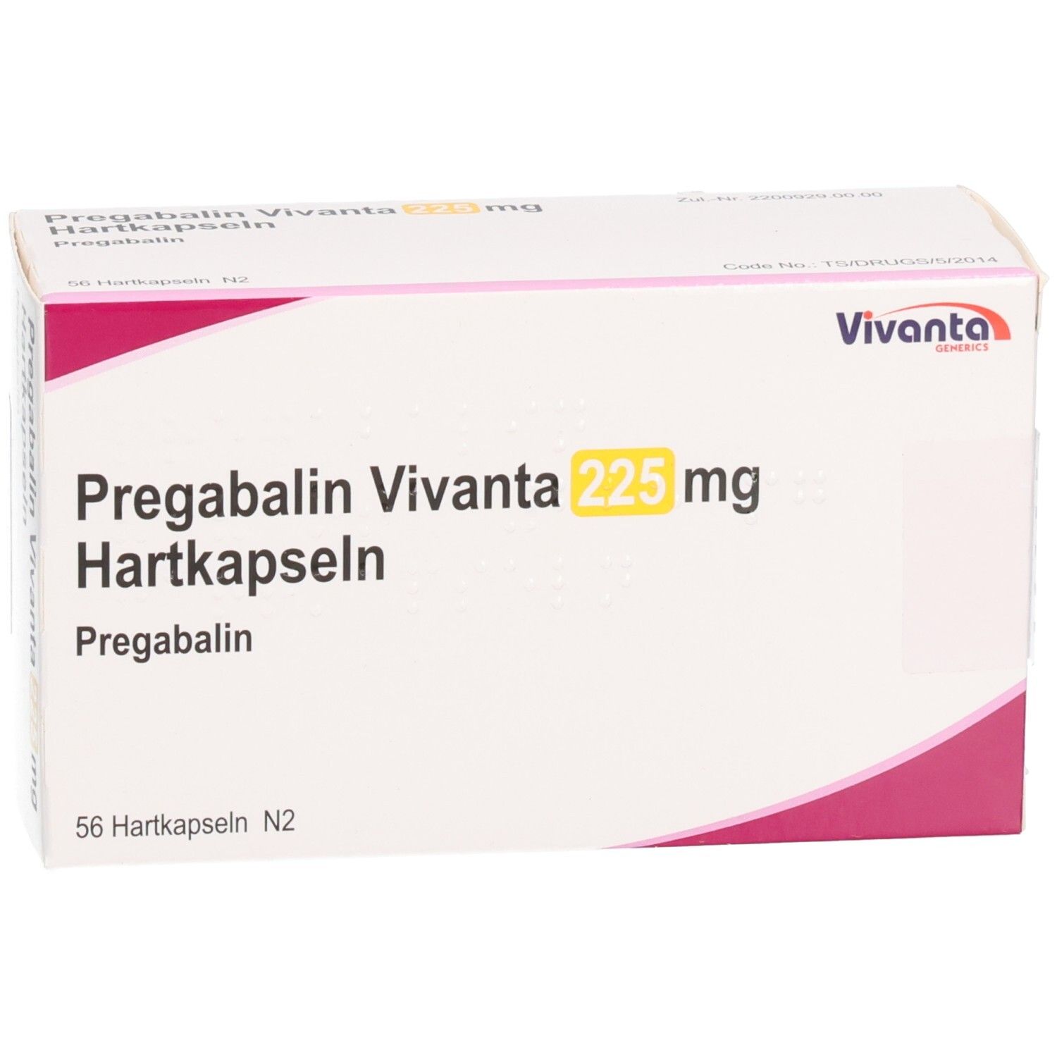 Weißer Karton mit Aufschrift Pregabalin Vivanta 225 mg Hartkapseln. Vivanta-Logo. 56 Hartkapseln.