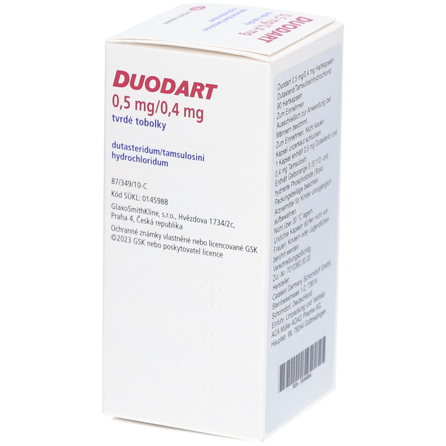 Schachtel mit DUODART 0,5 mg/0,4 mg Hartkapseln. Detailansicht mit Textinformationen und Logo.