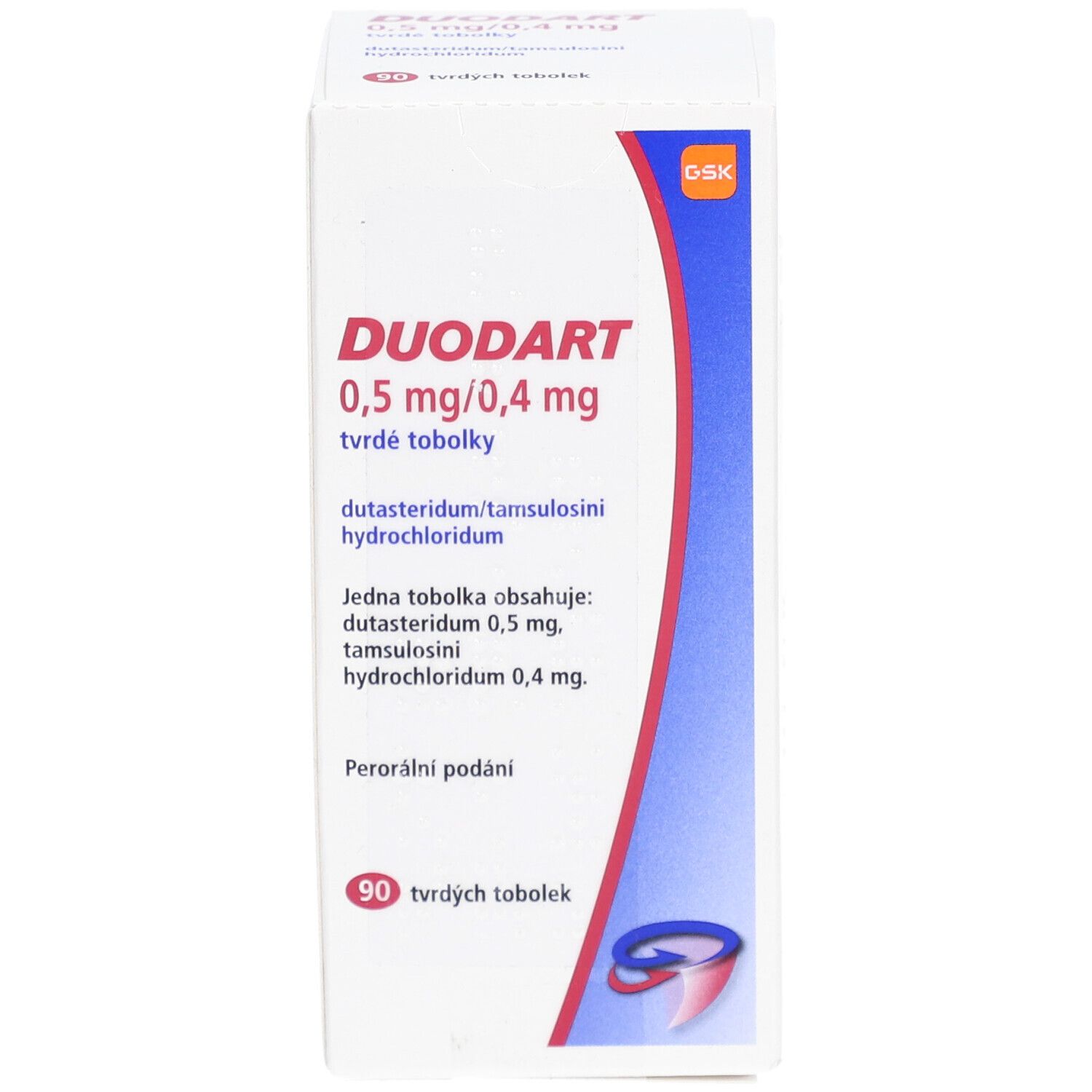 Schachtel mit DUODART 0,5 mg/0,4 mg Hartkapseln. Aufschrift: dutasteridum/tamsulosini hydrochloridum. 90 Hartkapseln.