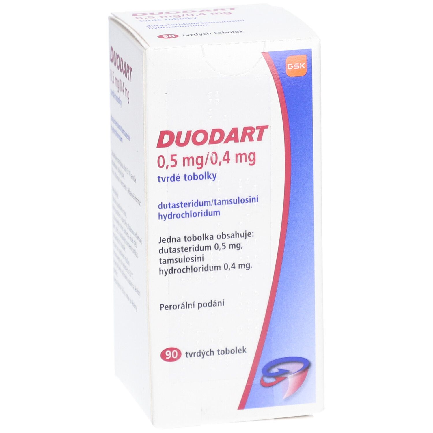 Schachtel mit DUODART 0,5 mg/0,4 mg Hartkapseln. Aufschrift: dutasteridum/tamsulosini hydrochloridum. 90 Hartkapseln.