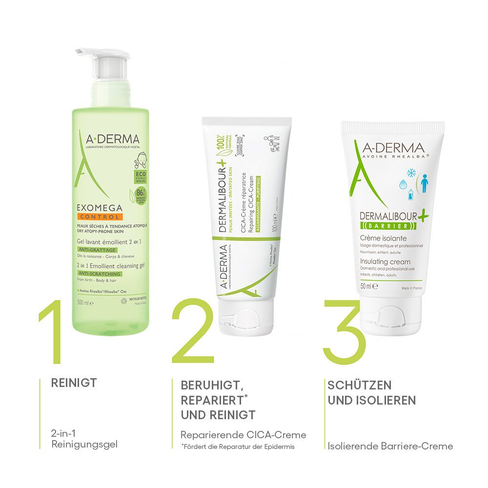 Drei A-Derma Hautpflegeprodukte: Reinigungsfluid, CICA-Creme und isolierende Barrierecreme.