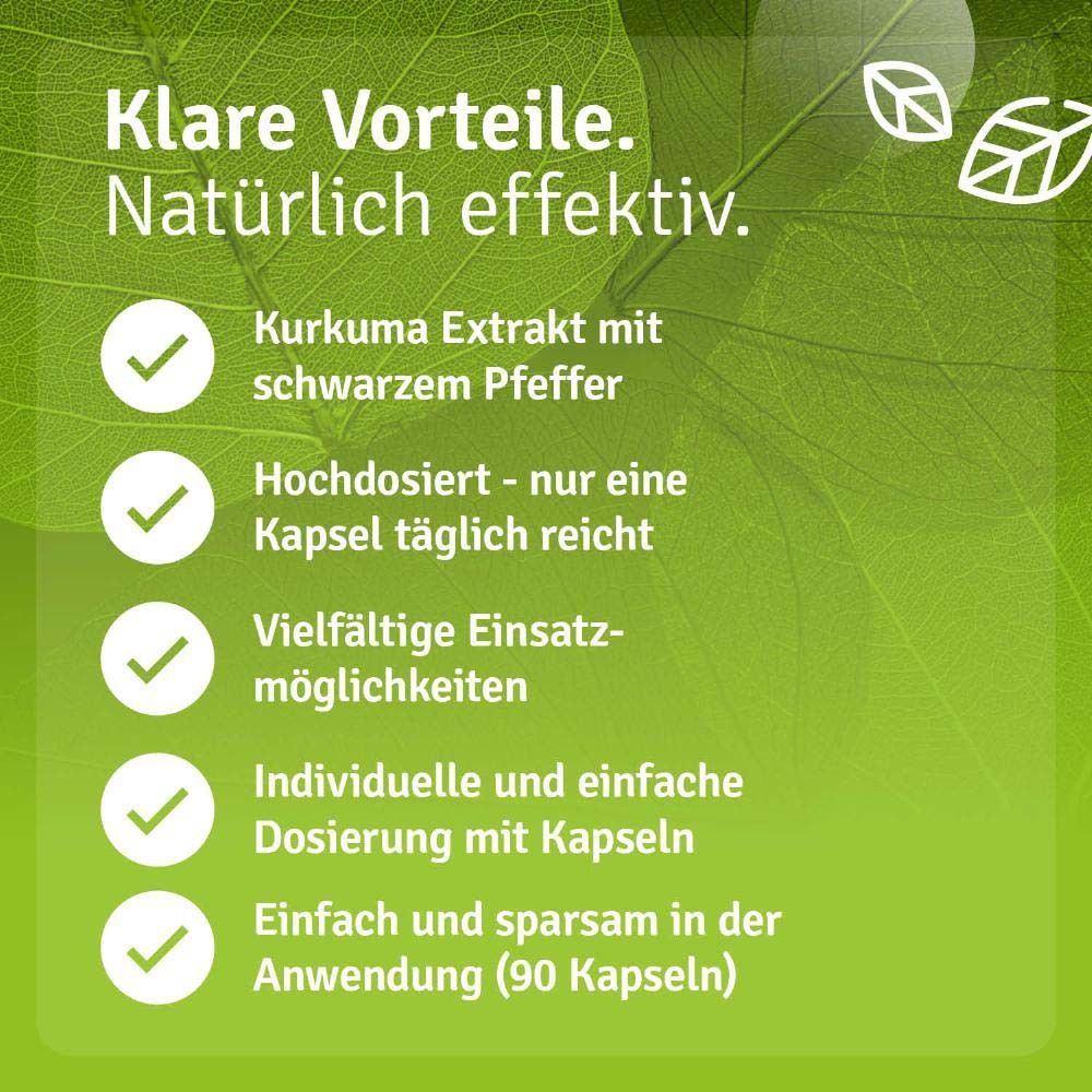 Text: Kurkuma Extrakt mit schwarzem Pfeffer. Hochdosiert. Individuelle Dosierung mit Kapseln. 90 Kapseln.
