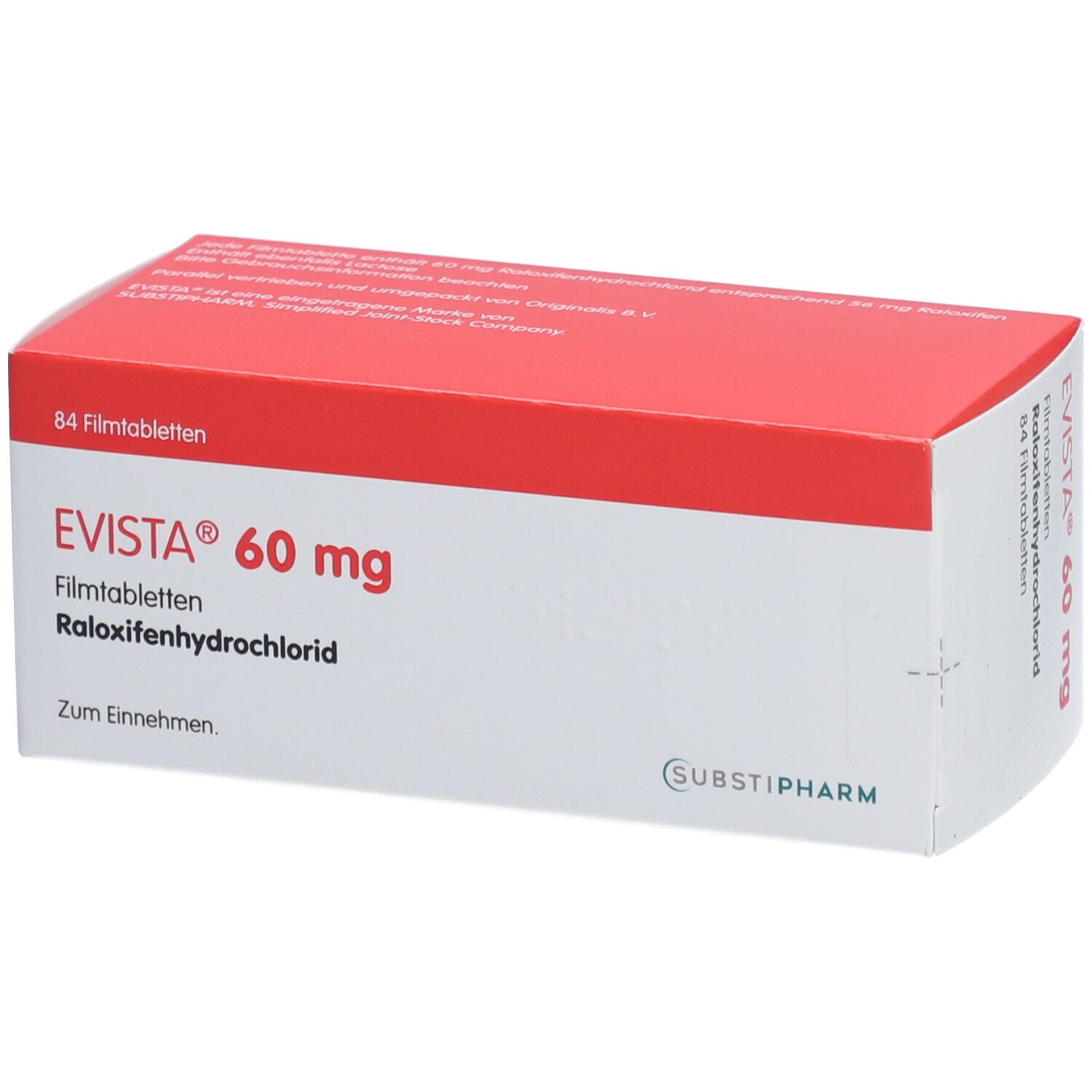 Weiße und rote Schachtel mit der Aufschrift EVISTA 60 mg Filmtabletten. Enthält 84 Tabletten. Hersteller: SUBSTIPHARM.