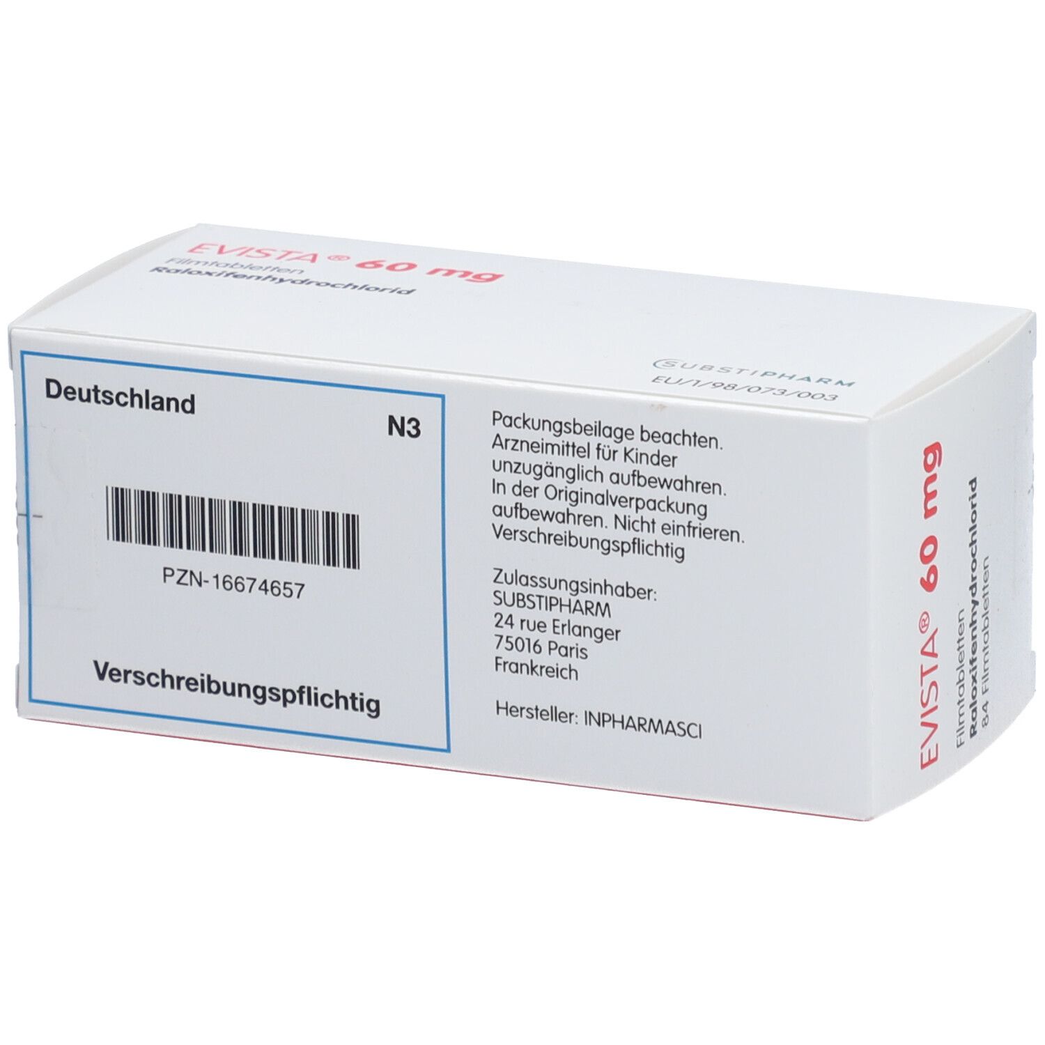 Weiße Schachtel mit der Aufschrift EVISTA 60 mg. Enthält Informationen und einen Barcode. Hersteller: INPHARMASCI.