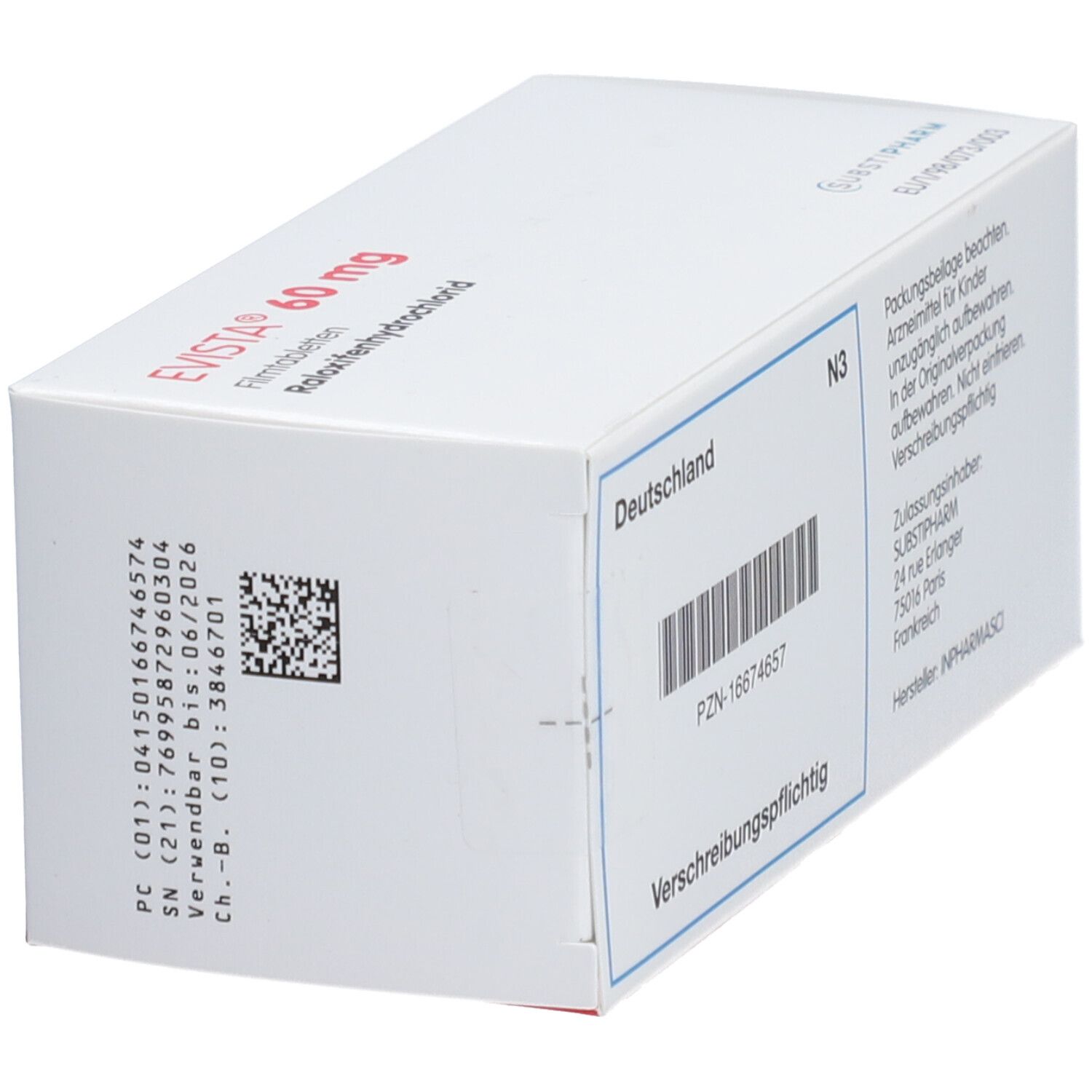 Weiße Schachtel mit der Aufschrift EVISTA 60 mg. Enthält Informationen und einen Barcode. Hersteller: INPHARMASCI.