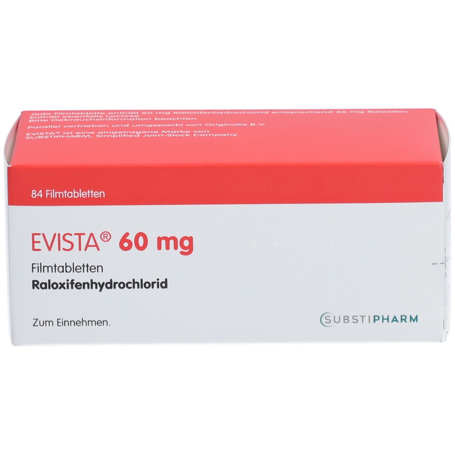 Weiße und rote Schachtel mit der Aufschrift EVISTA 60 mg Filmtabletten. Enthält 84 Tabletten. Hersteller: SUBSTIPHARM.