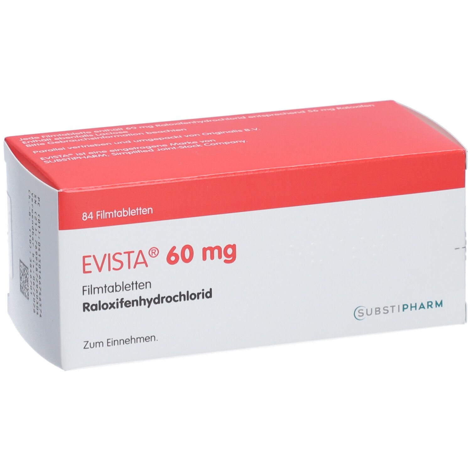 Weiße und rote Schachtel mit der Aufschrift EVISTA 60 mg Filmtabletten. Enthält 84 Tabletten. Hersteller: SUBSTIPHARM.