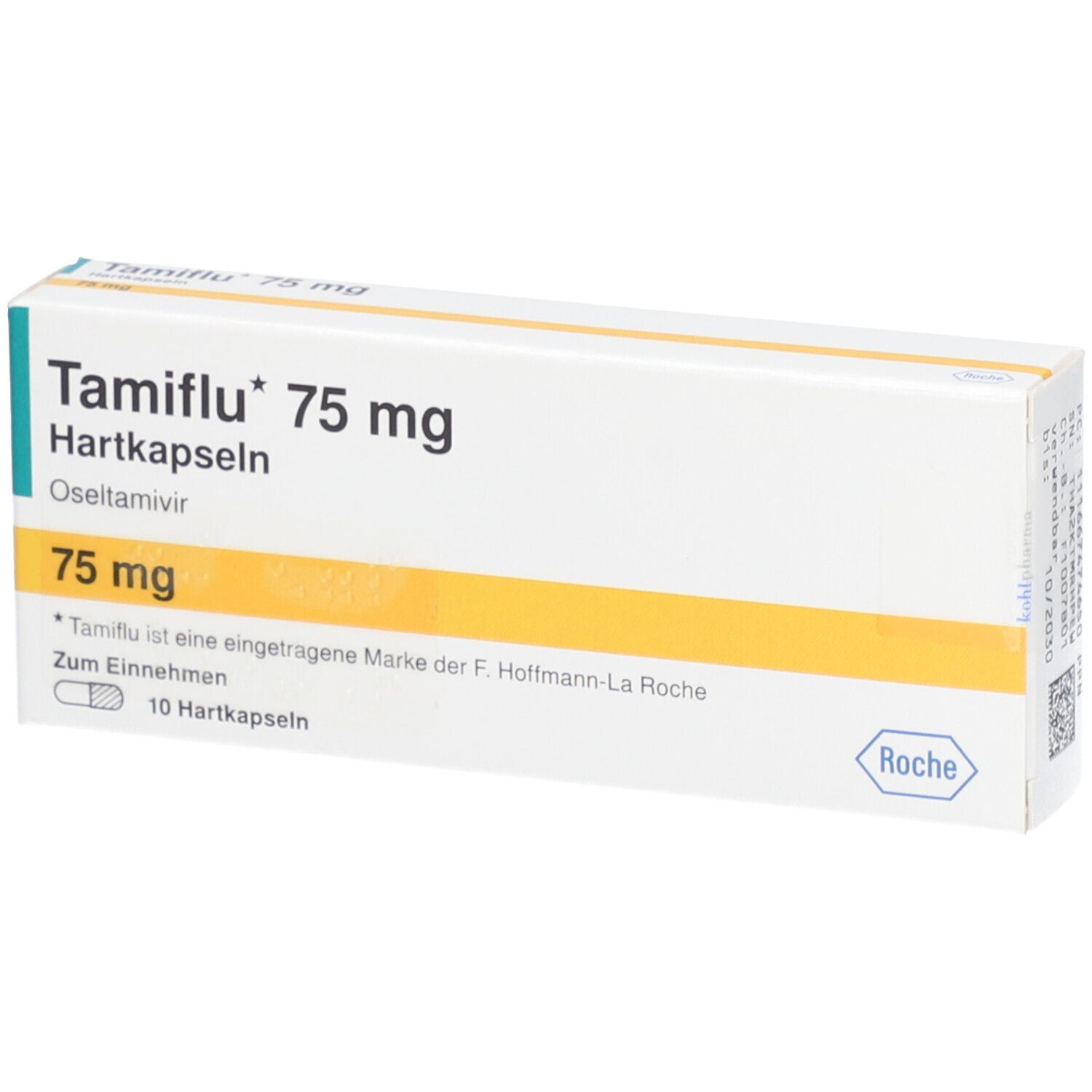 Tamiflu 75 mg Hartkapseln-Packung. Weiße Schachtel mit grünen und gelben Akzenten. Text: Tamiflu, 75 mg, 10 Hartkapseln.
