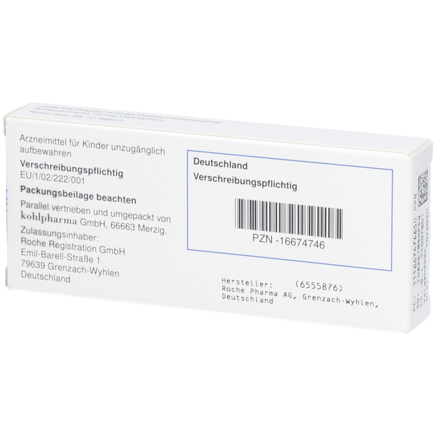 Rückseite der Tamiflu-Packung. Weiße Schachtel mit Text. Informationen zu Hersteller, Inhaltsstoffen und PZN-Nummer.
