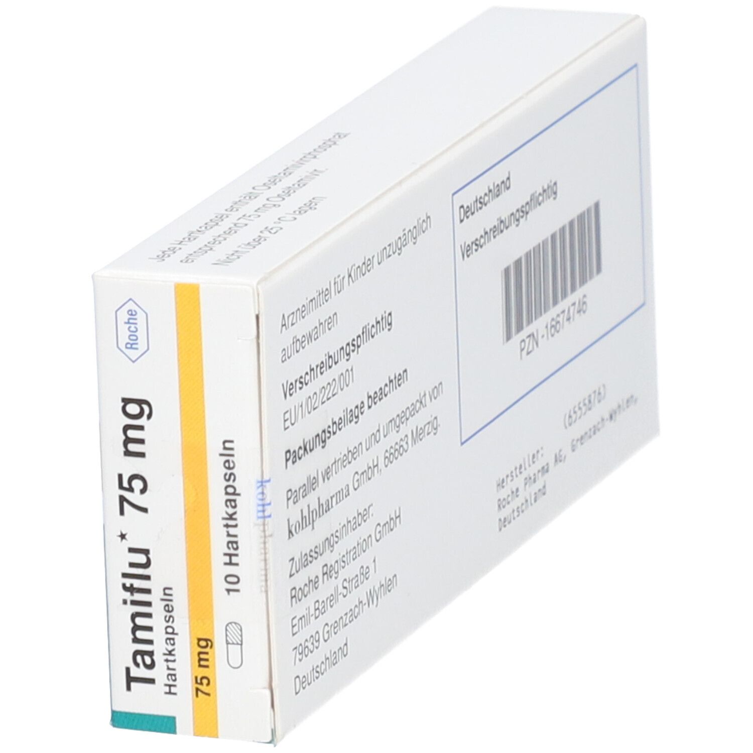 Schräg gestellte Tamiflu 75 mg-Packung. Weiße Schachtel mit Text. Text: Tamiflu, 75 mg, 10 Hartkapseln.